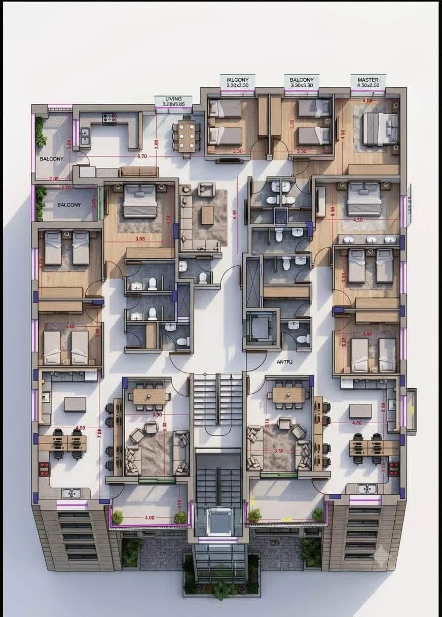 Furnished 3D floor plan of a typical Viola Housing floor, showing three apartments around a central stair and lift, with room dimensions marked