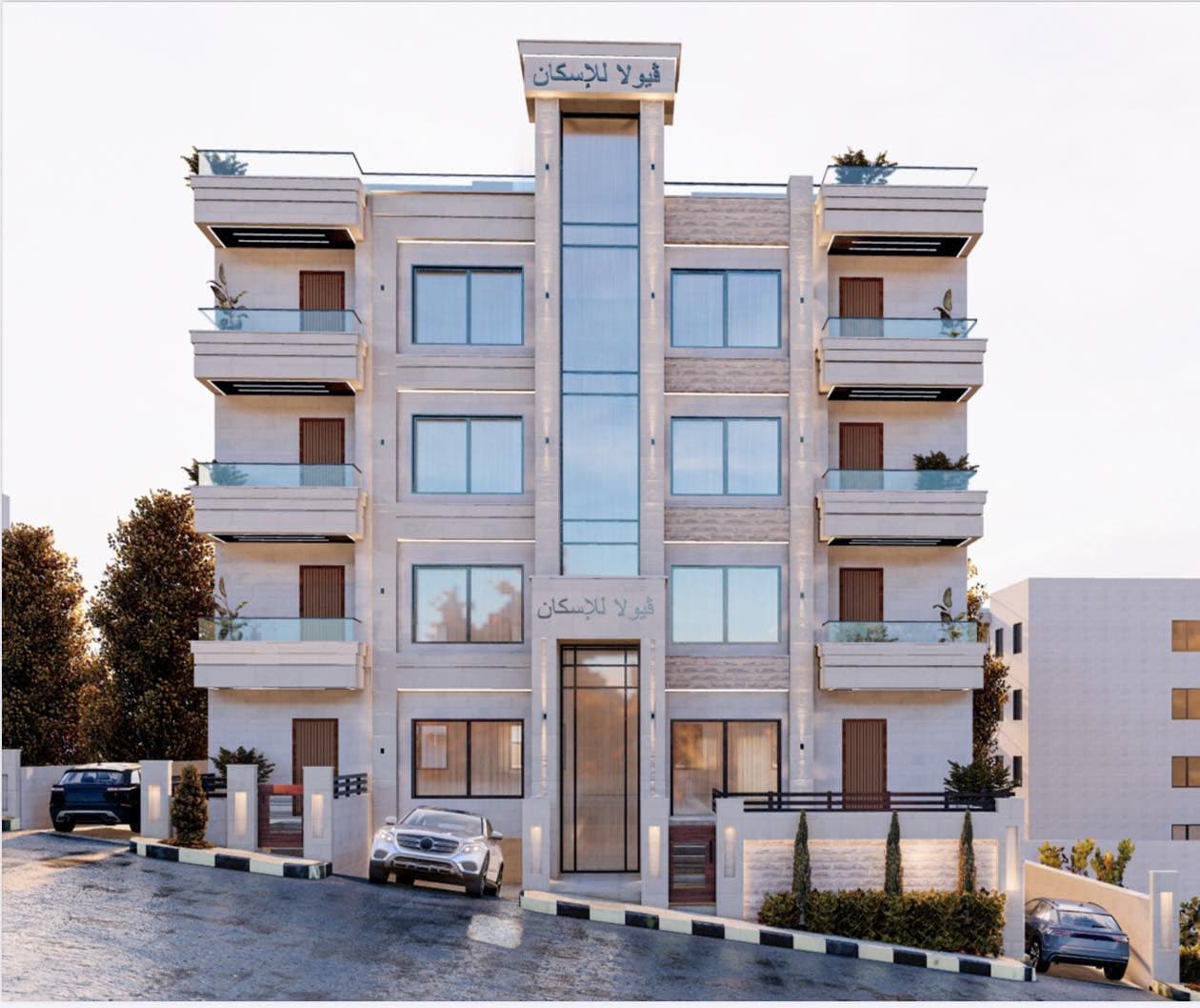 Architectural render of a Viola Housing elevation, showing the balconies and stone cladding