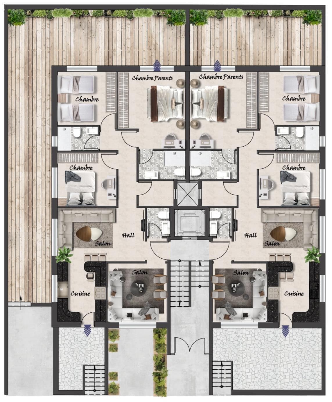 Typical floor plan — two apartments per floor, each with a master bedroom, two further bedrooms, salon, kitchen, and terrace